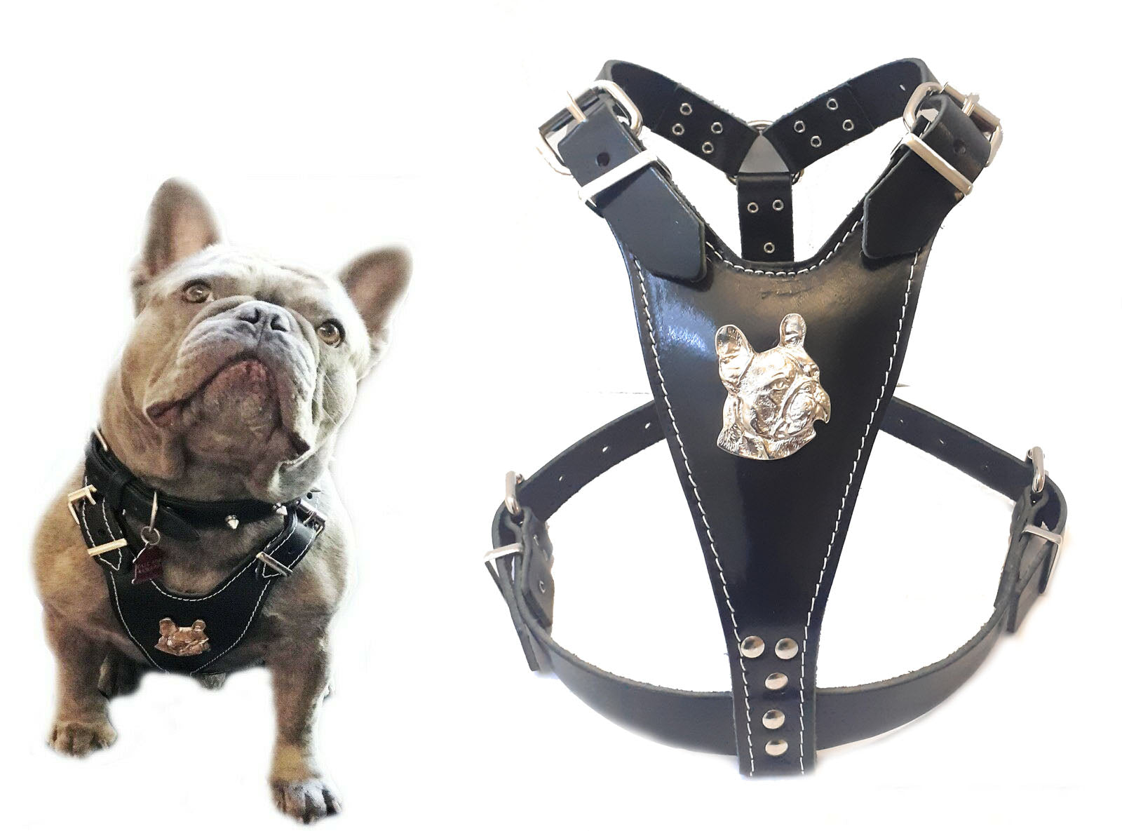 Leather Frenchie Harness with French Bulldog Head Motif only For Fully Grown and Bigger French Bulldogs