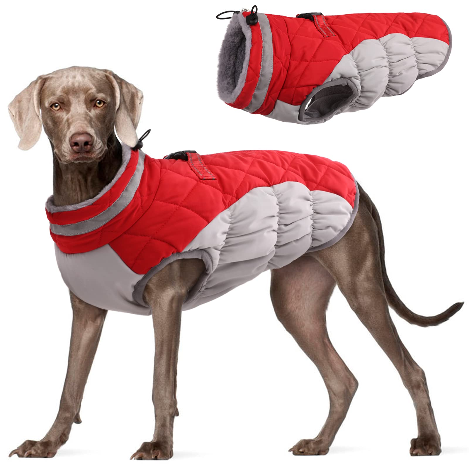 FUAMEY Large Dog Coat – Waterproof Winter Jacket with Built-In Harness (Red, L)