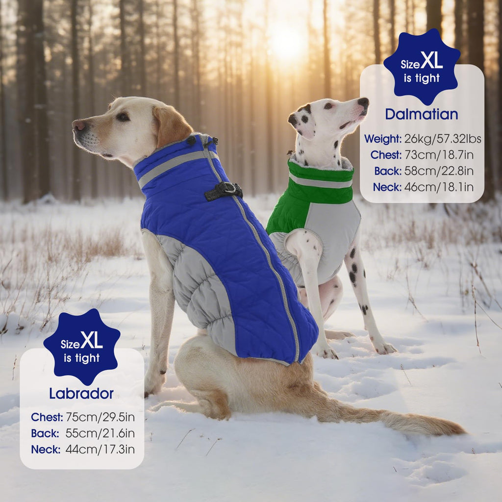 FUAMEY Dog Coat for Large Dogs — Waterproof Winter Jacket with Built-in Harness, Reflective Trim, Blue XL
