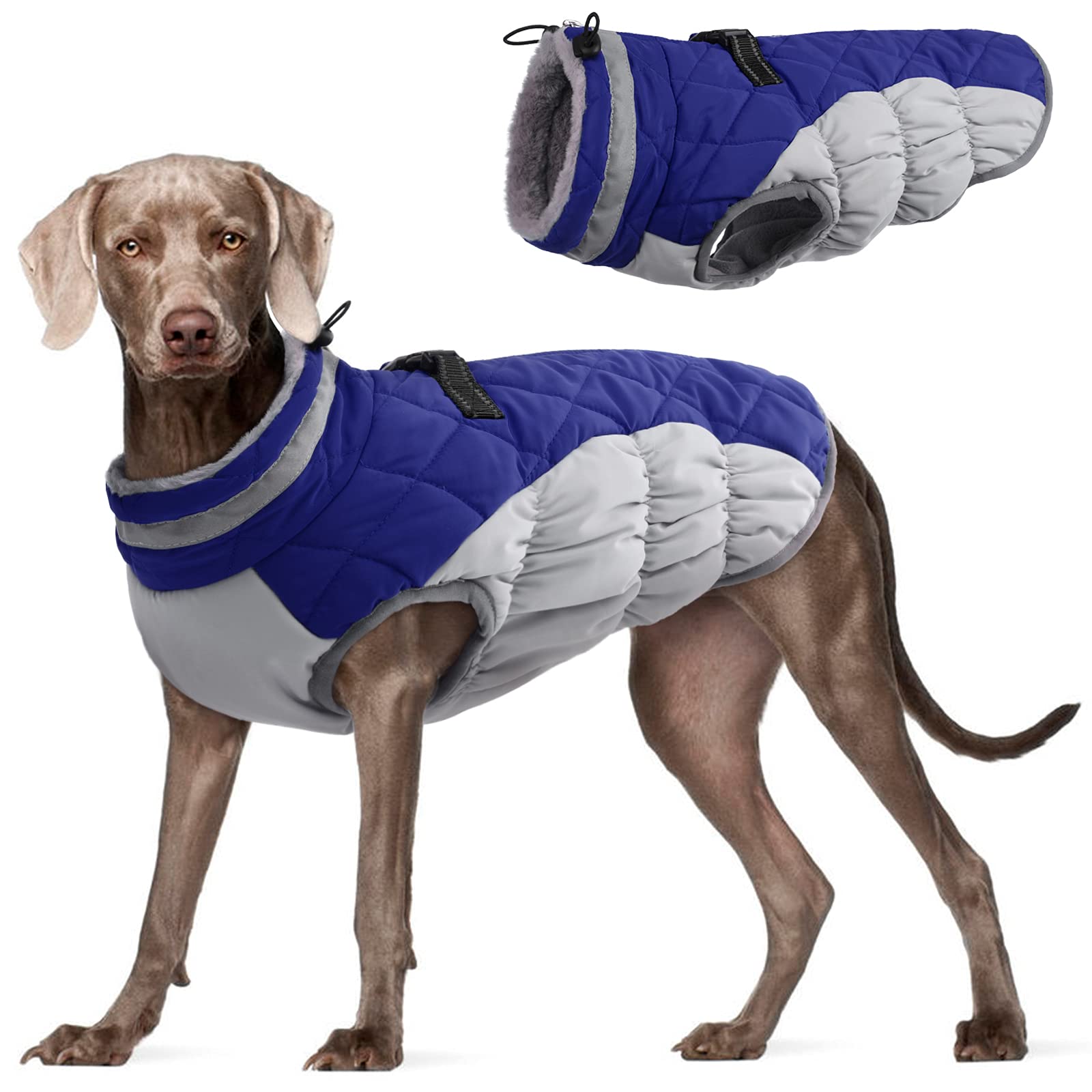 FUAMEY Dog Coat for Large Dogs — Waterproof Winter Jacket with Built-in Harness, Reflective Trim, Blue XL