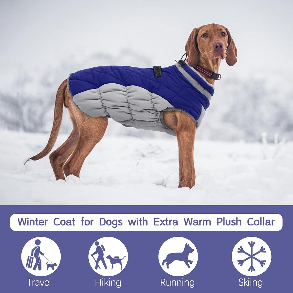 FUAMEY Dog Coat for Large Dogs — Waterproof Winter Jacket with Built-in Harness, Reflective Trim, Blue XL