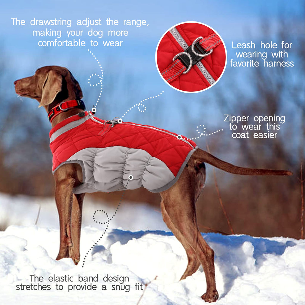 FUAMEY Large Dog Coat – Waterproof Winter Jacket with Built-In Harness (Red, L)
