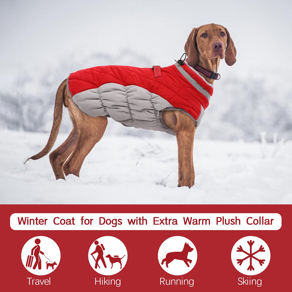 FUAMEY Large Dog Coat – Waterproof Winter Jacket with Built-In Harness (Red, L)