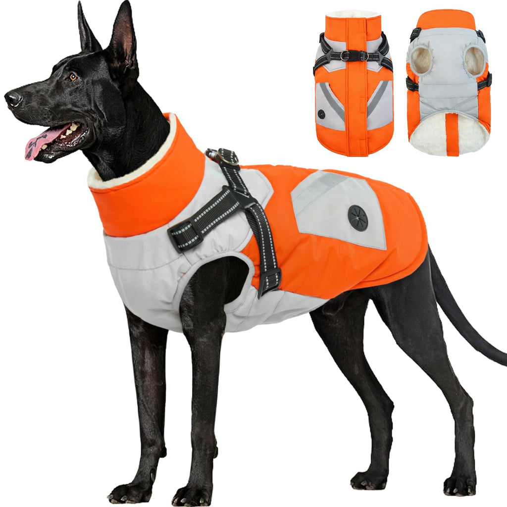 FUAMEY Large Dog Winter Jacket with Built-in Harness | Waterproof, Reflective, Fleece-Lined Coat