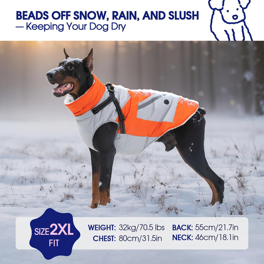 FUAMEY Large Dog Winter Jacket with Built-in Harness | Waterproof, Reflective, Fleece-Lined Coat