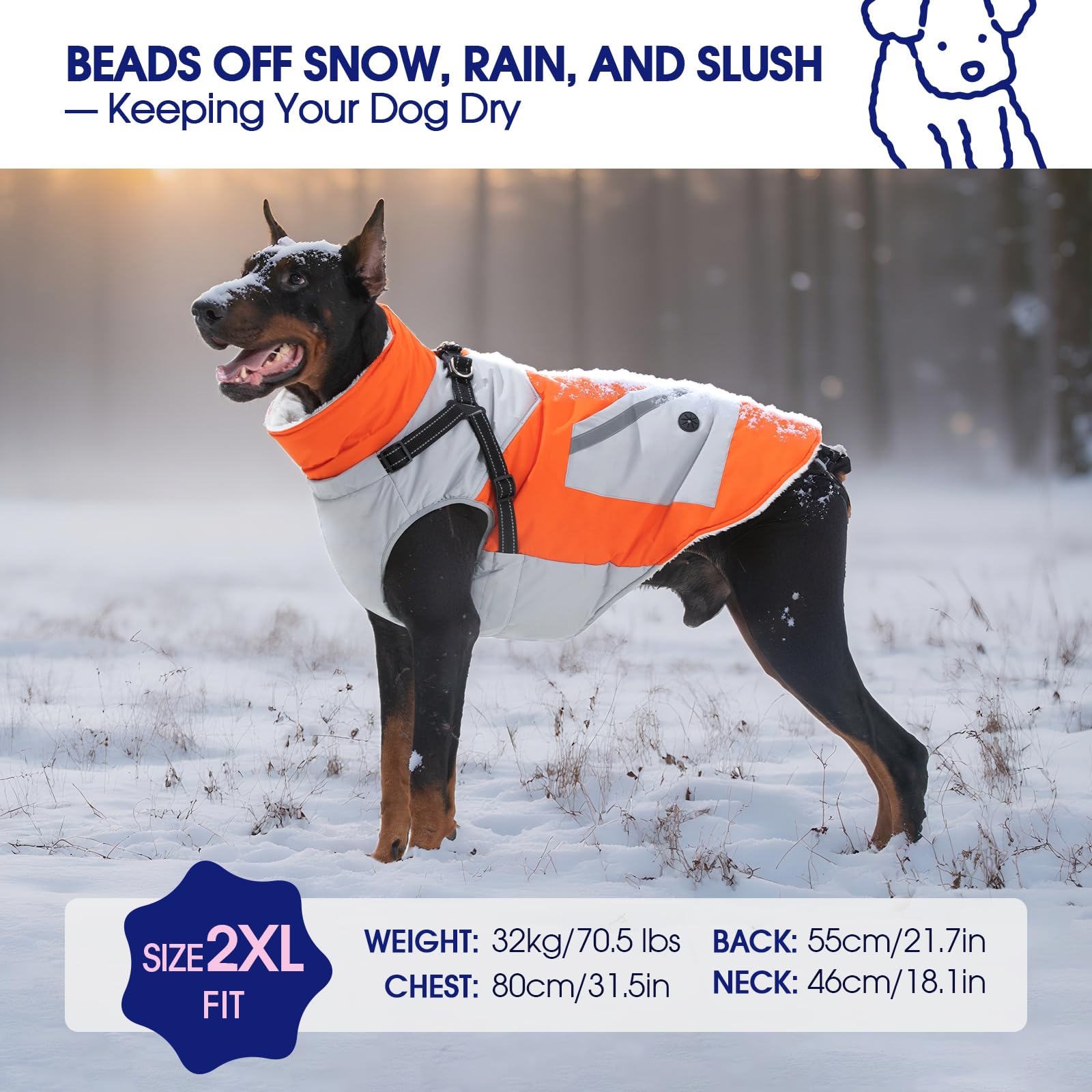 FUAMEY Large Dog Winter Jacket with Built-in Harness | Waterproof, Reflective, Fleece-Lined Coat