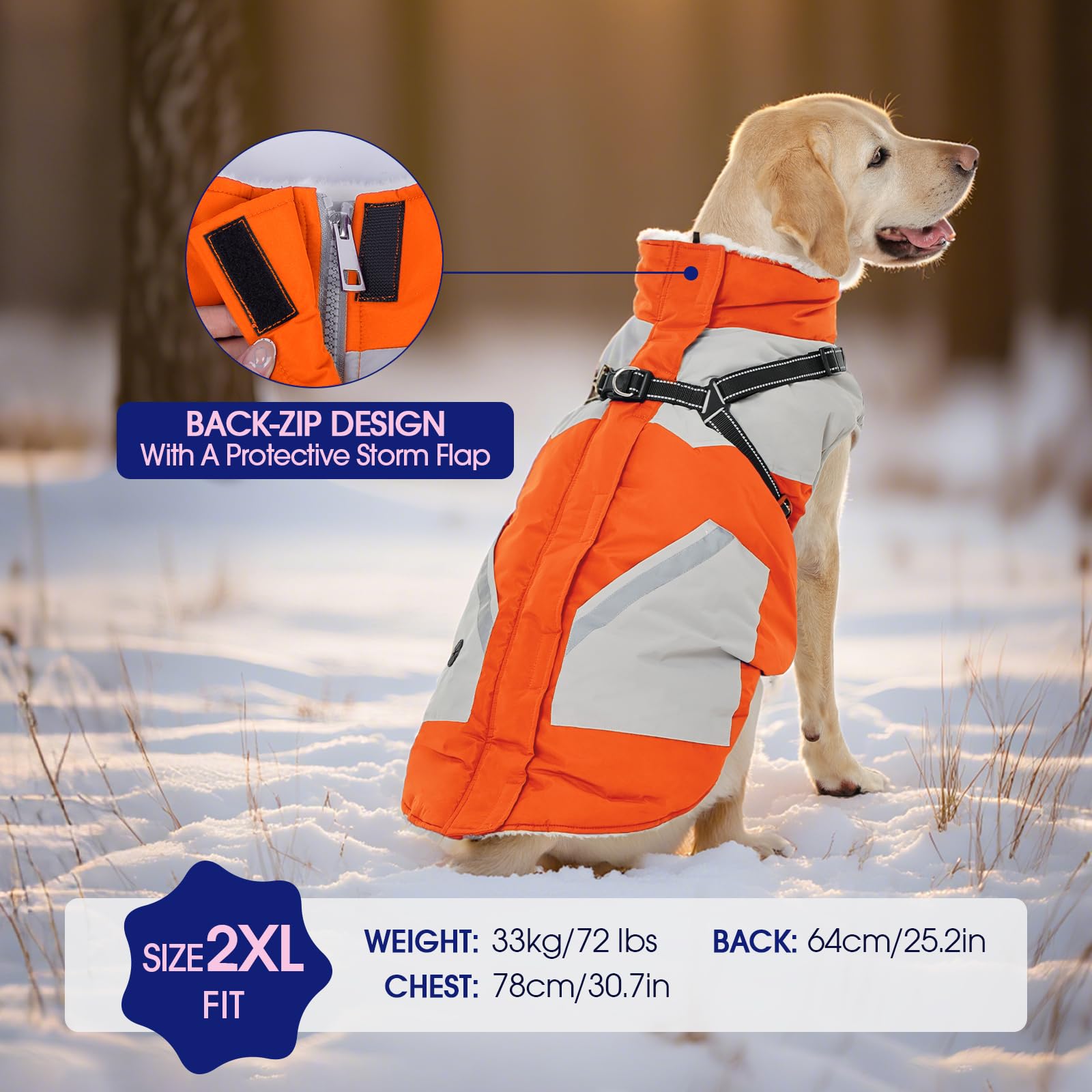 FUAMEY Large Dog Winter Jacket with Built-in Harness | Waterproof, Reflective, Fleece-Lined Coat
