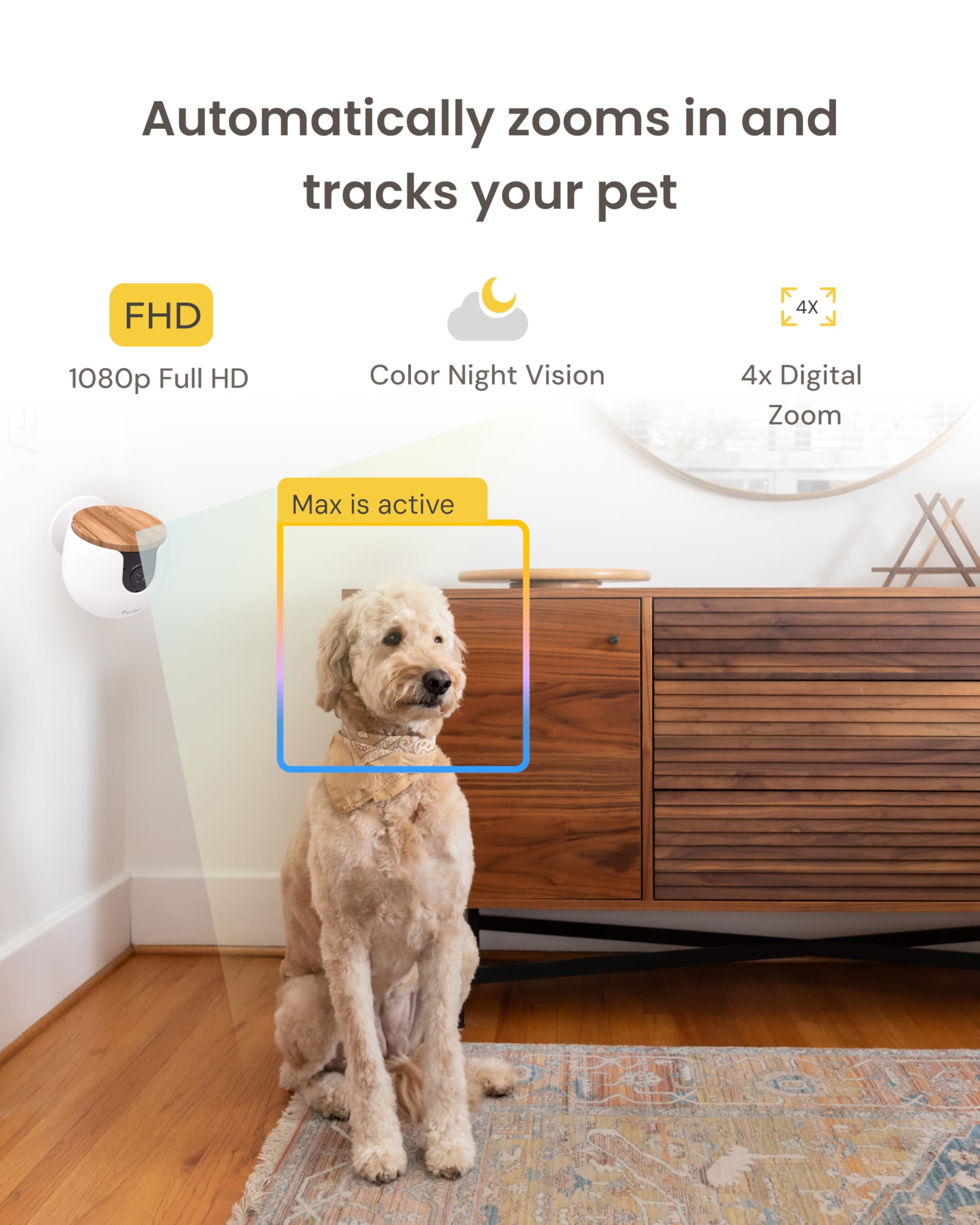 Furbo Mini Pet Camera - 1080p HD Indoor Monitor with Bark/Meow Alerts, 2-Way Audio