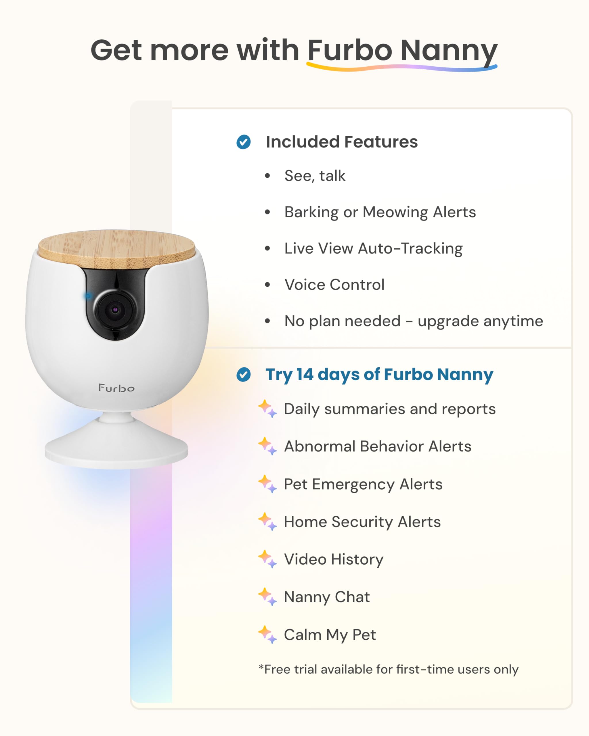 Furbo Mini Pet Camera - 1080p HD Indoor Monitor with Bark/Meow Alerts, 2-Way Audio