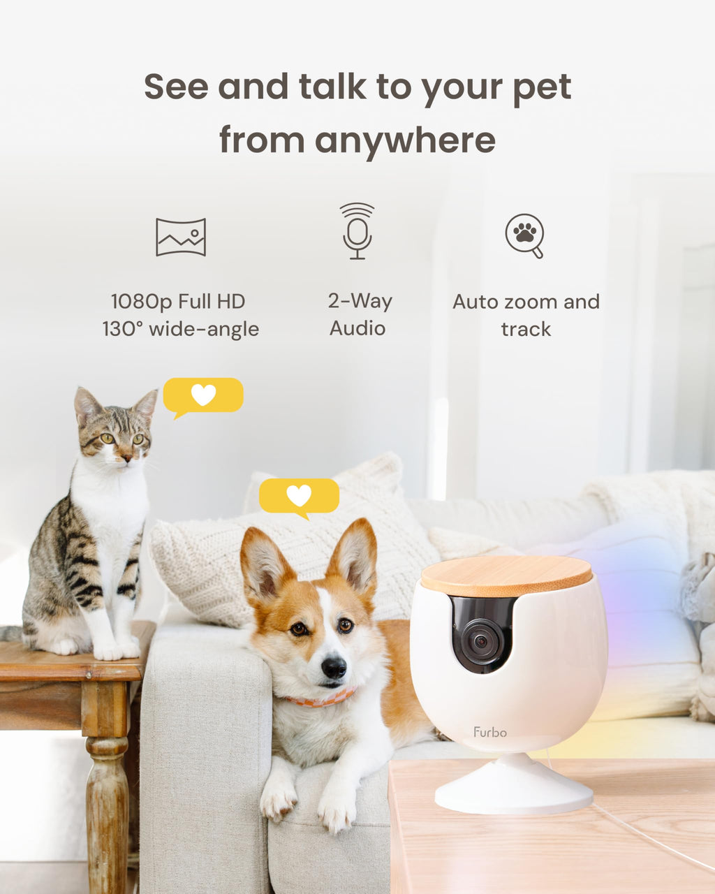 Furbo Mini Pet Camera - 1080p HD Indoor Monitor with Bark/Meow Alerts, 2-Way Audio