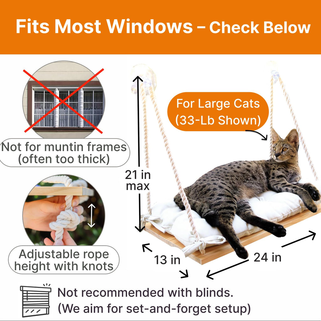 Furrfinity Large Cat Window Perch — Solid Pine Wood Hammock Bed with 42 lb Capacity