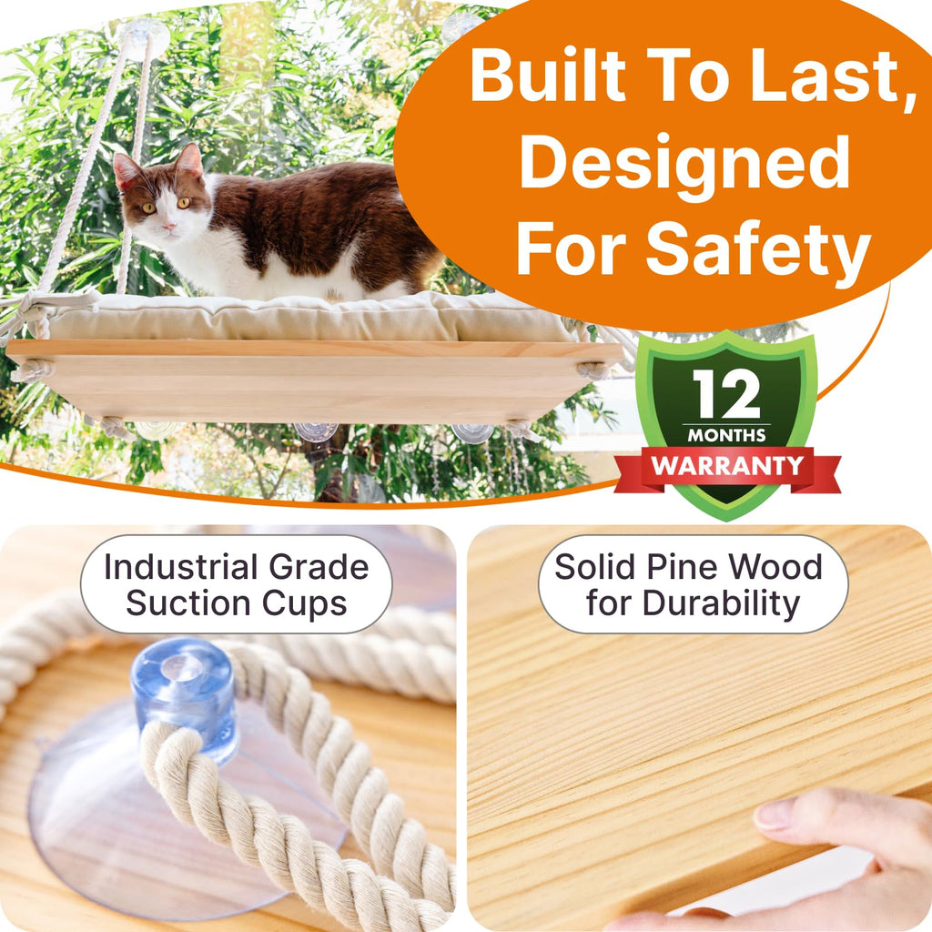 Furrfinity Large Cat Window Perch — Solid Pine Wood Hammock Bed with 42 lb Capacity