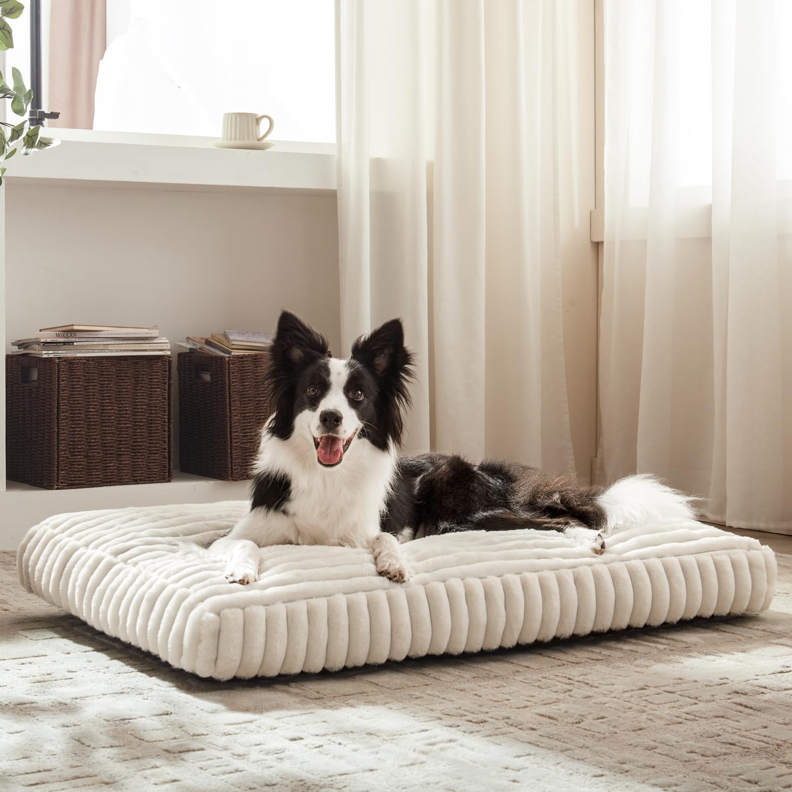 FURTIME Large Dog Bed 35x23x4 Cream – Removable Cover, Anti-Slip, Indoor/Outdoor