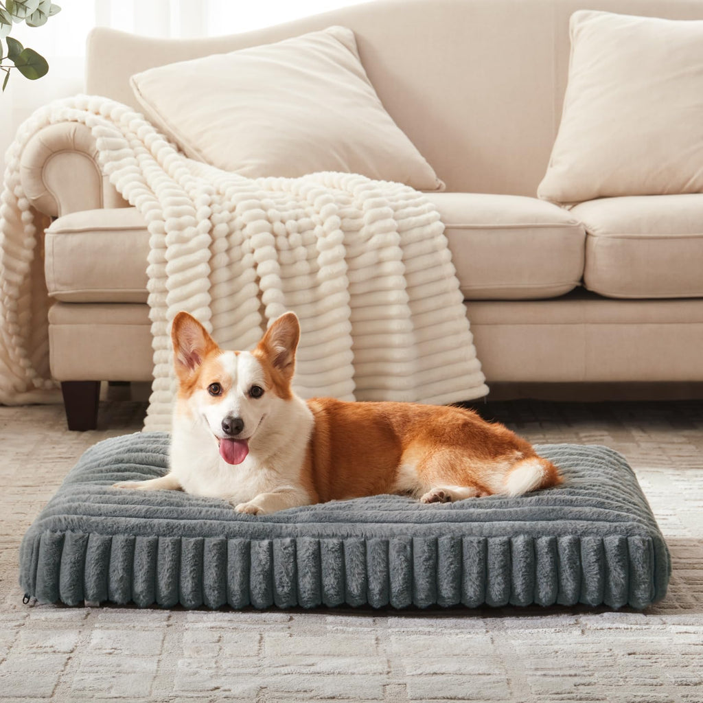 FURTIME Large Dog Bed 35x23x4 Grey – Removable Cover, Anti-Slip, Crate Bed for Indoor Use