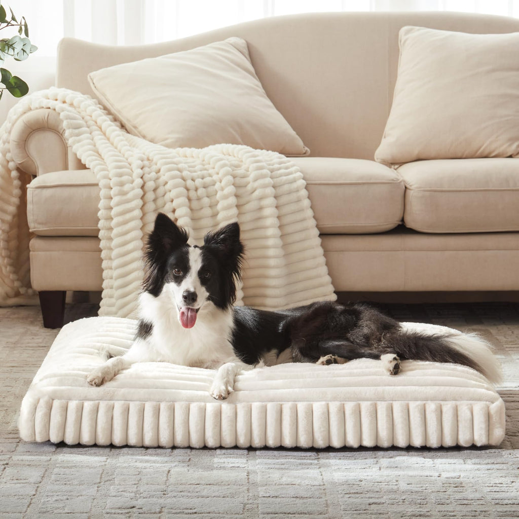 FURTIME Large Dog Bed 35x23x4 Cream – Removable Cover, Anti-Slip, Indoor/Outdoor