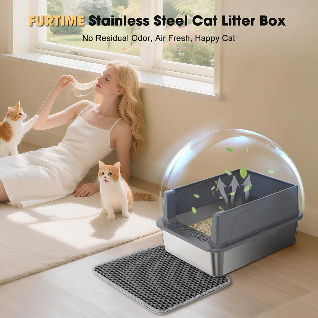 FURTIME Stainless Steel Cat Litter Box with Lid — Leak-Resistant, Easy to Clean, 2 Sizes