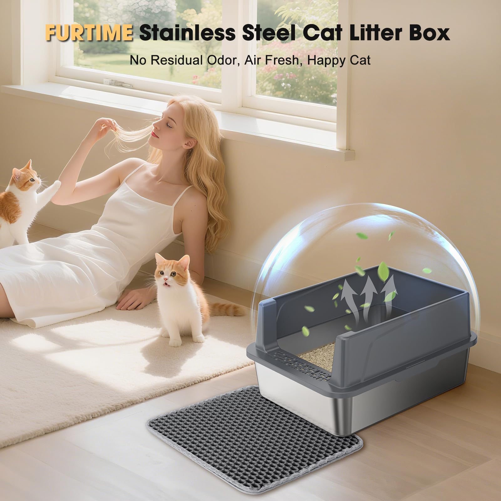FURTIME Stainless Steel Cat Litter Box with Lid — Leak-Resistant, Easy to Clean, 2 Sizes