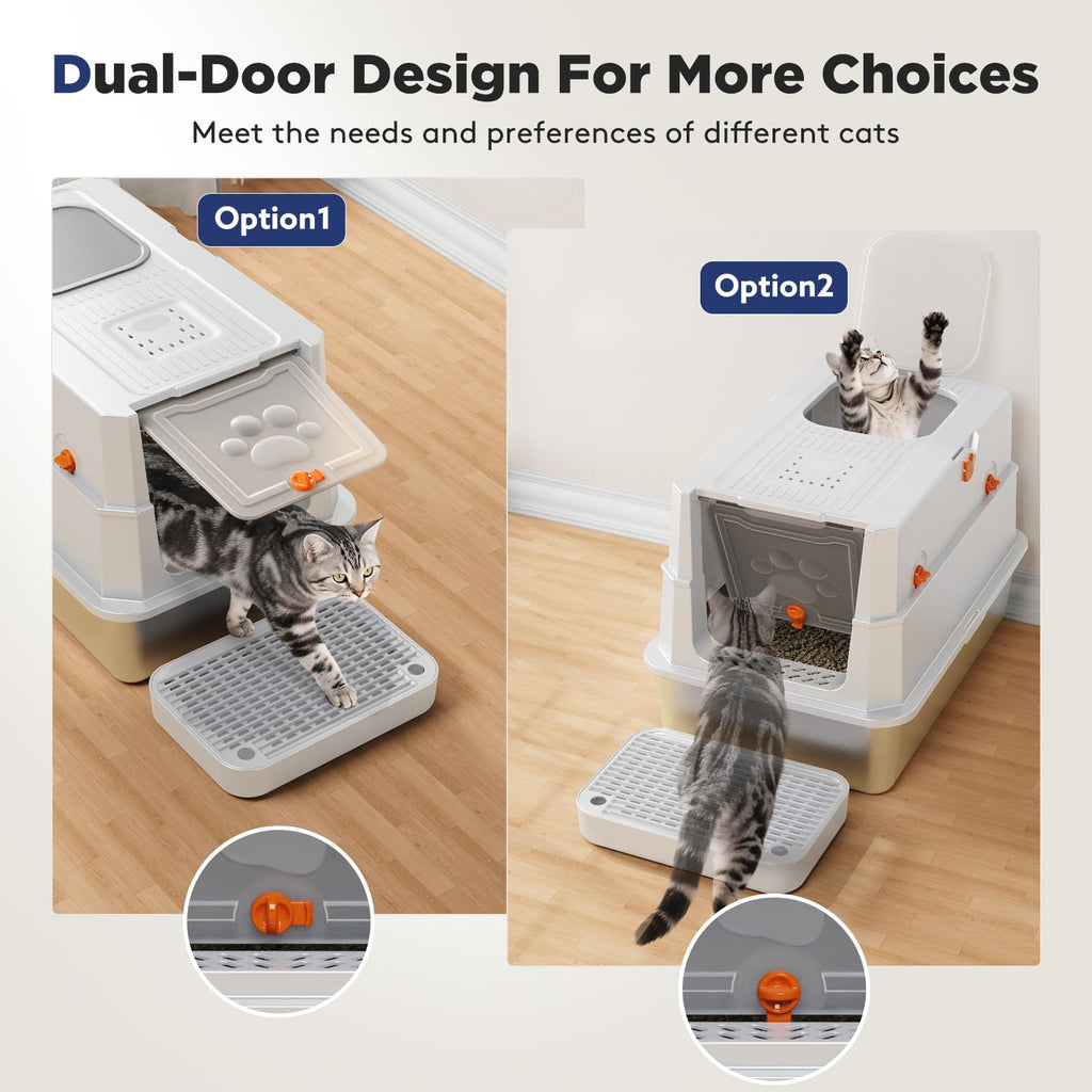 FURTIME XL Stainless Steel Litter Box with Lid | Front & Top Entry, Anti-Leakage, Odor-Free