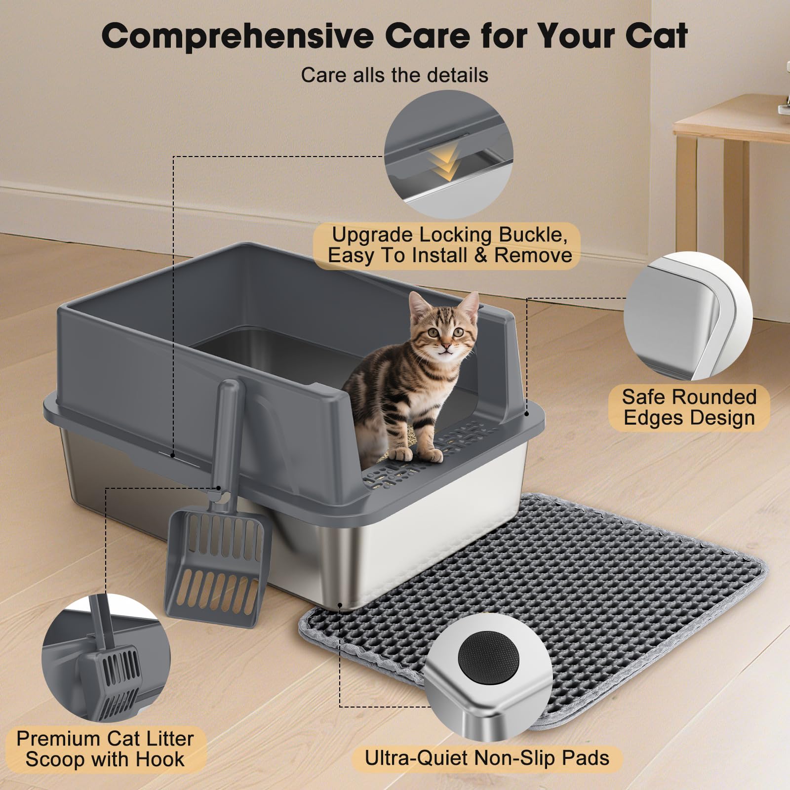 FURTIME Stainless Steel Cat Litter Box with Lid — Leak-Resistant, Easy to Clean, 2 Sizes