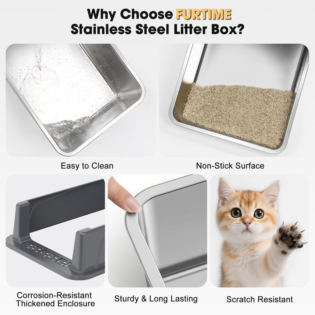 FURTIME Stainless Steel Cat Litter Box with Lid — Leak-Resistant, Easy to Clean, 2 Sizes