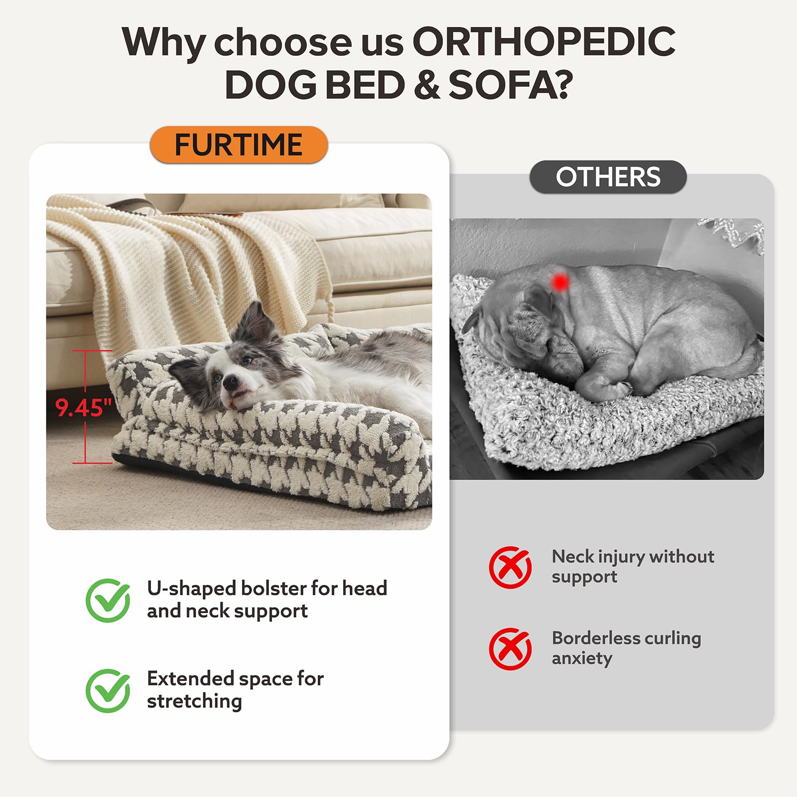 FURTIME XL Orthopedic Dog Bed – Memory Foam Couch with Removable Cover, Grey