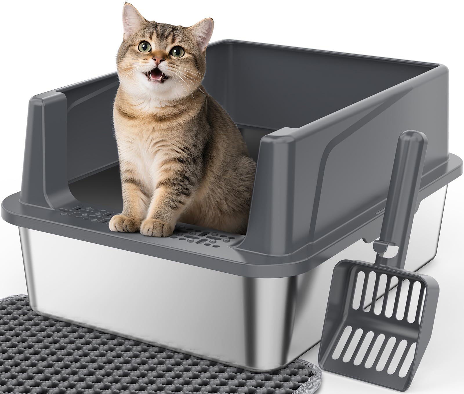 FURTIME Stainless Steel Cat Litter Box with Lid — Leak-Resistant, Easy to Clean, 2 Sizes