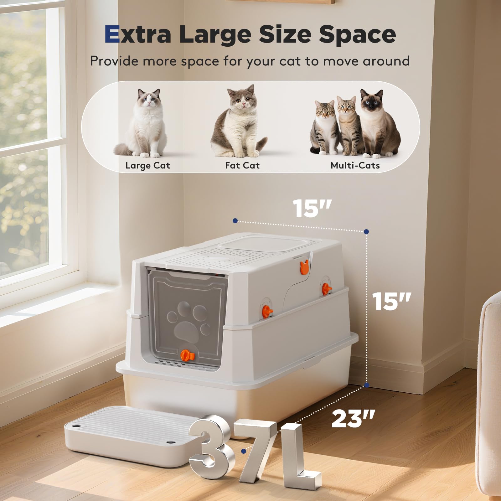 FURTIME XL Stainless Steel Litter Box with Lid | Front & Top Entry, Anti-Leakage, Odor-Free