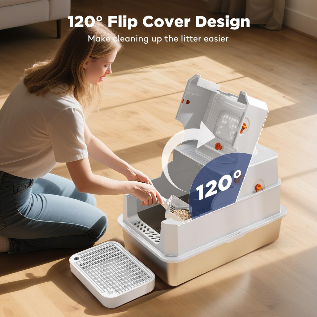 FURTIME XL Stainless Steel Litter Box with Lid | Front & Top Entry, Anti-Leakage, Odor-Free