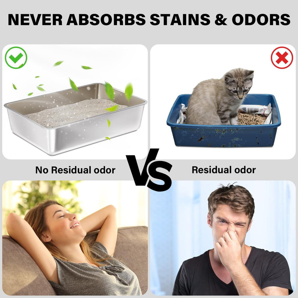FUTAM Stainless Steel Litter Box 2-Pack – Large 19.7x13.7x6 in, Easy to Clean