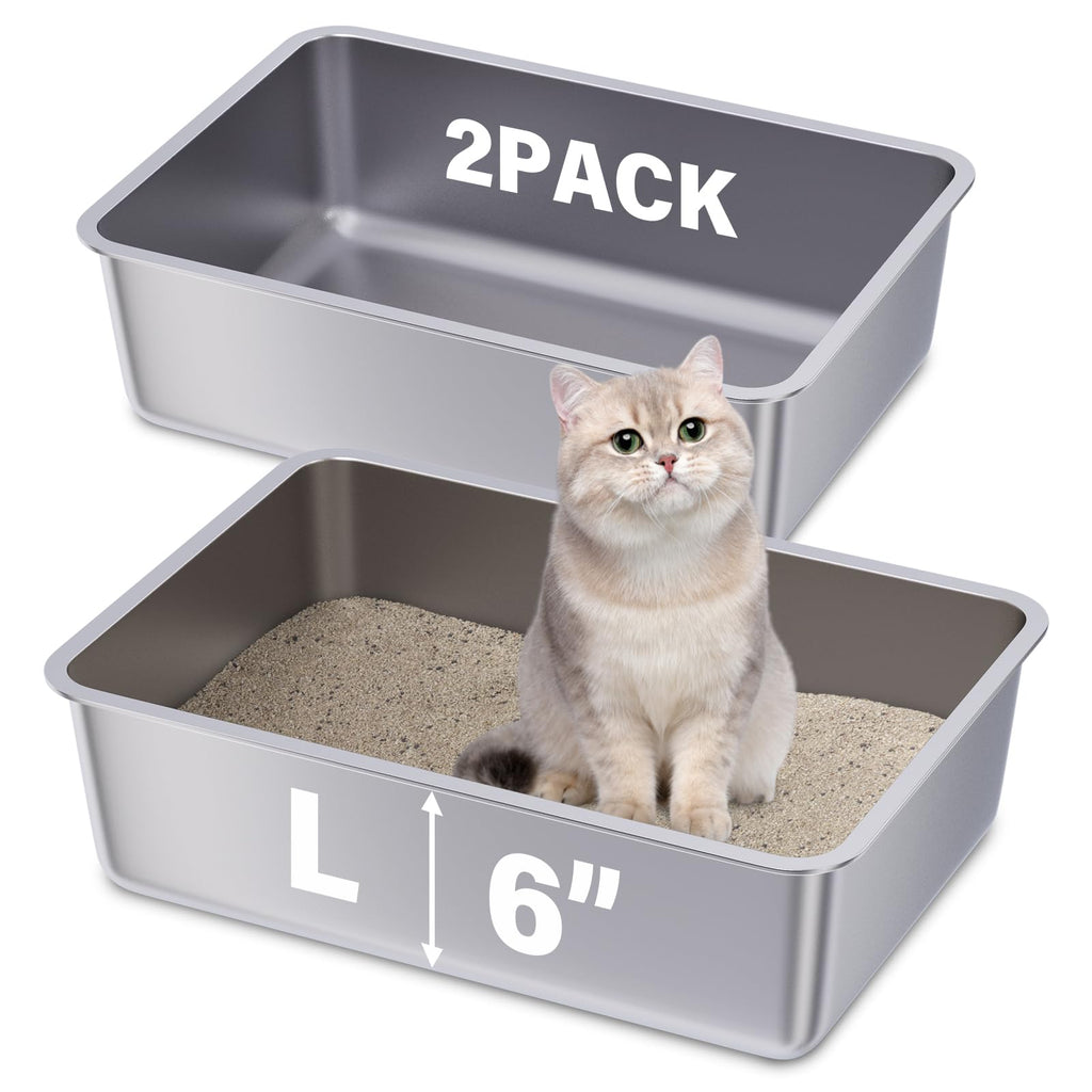 FUTAM Stainless Steel Litter Box 2-Pack – Large 19.7x13.7x6 in, Easy to Clean