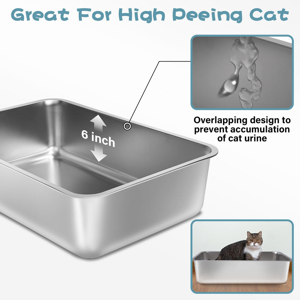 FUTAM Stainless Steel Litter Box 2-Pack – Large 19.7x13.7x6 in, Easy to Clean