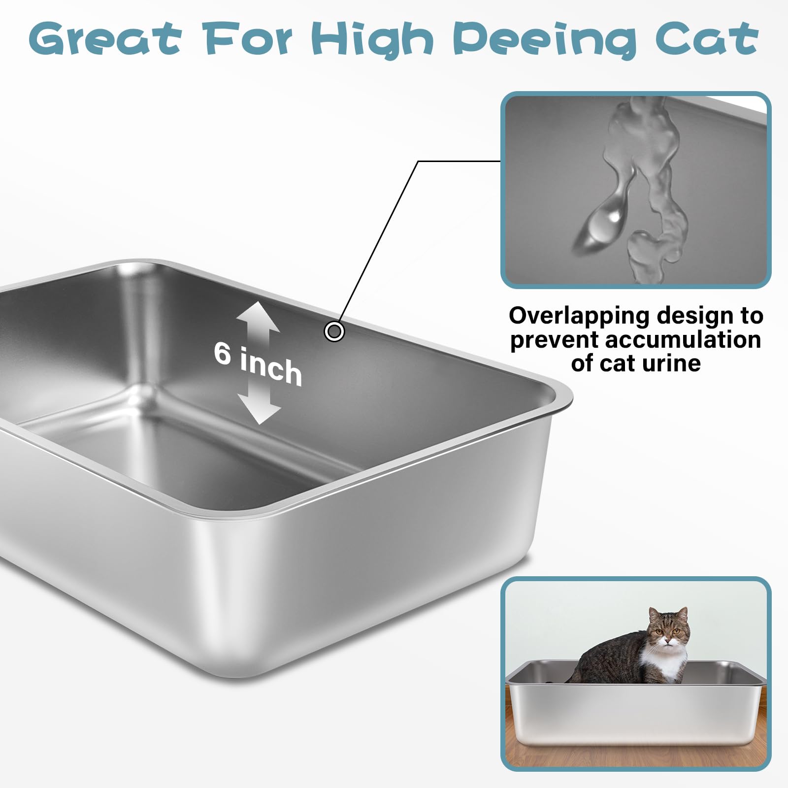 FUTAM Stainless Steel Litter Box 2-Pack – Large 19.7x13.7x6 in, Easy to Clean