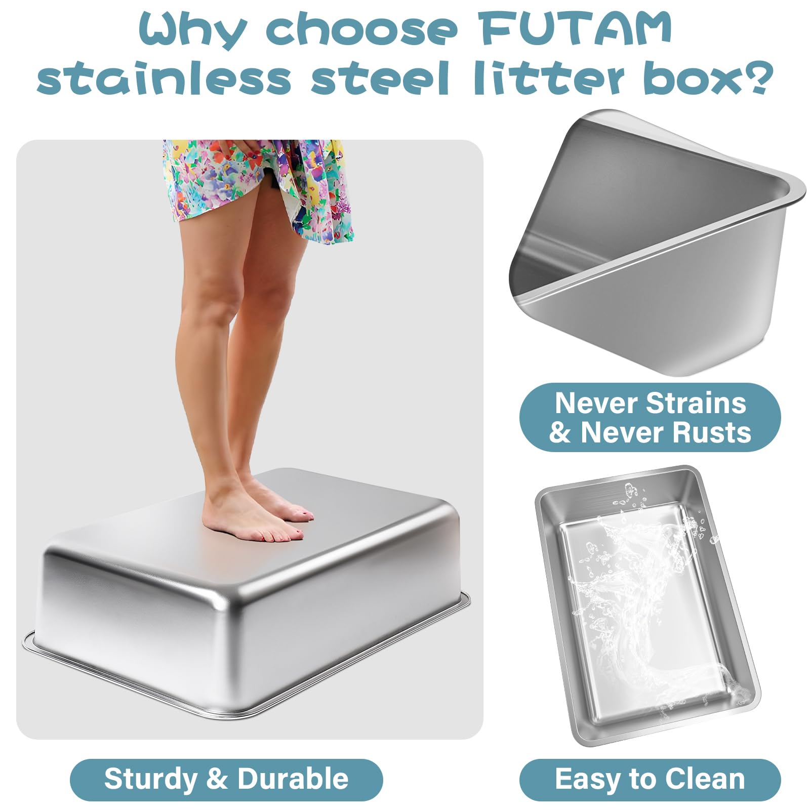 FUTAM Stainless Steel Litter Box 2-Pack – Large 19.7x13.7x6 in, Easy to Clean