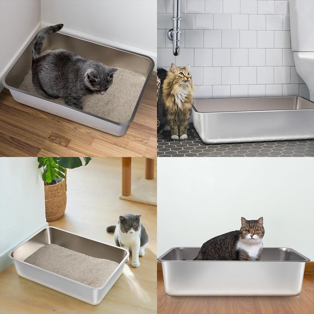 FUTAM Stainless Steel Litter Box 2-Pack – Large 19.7x13.7x6 in, Easy to Clean