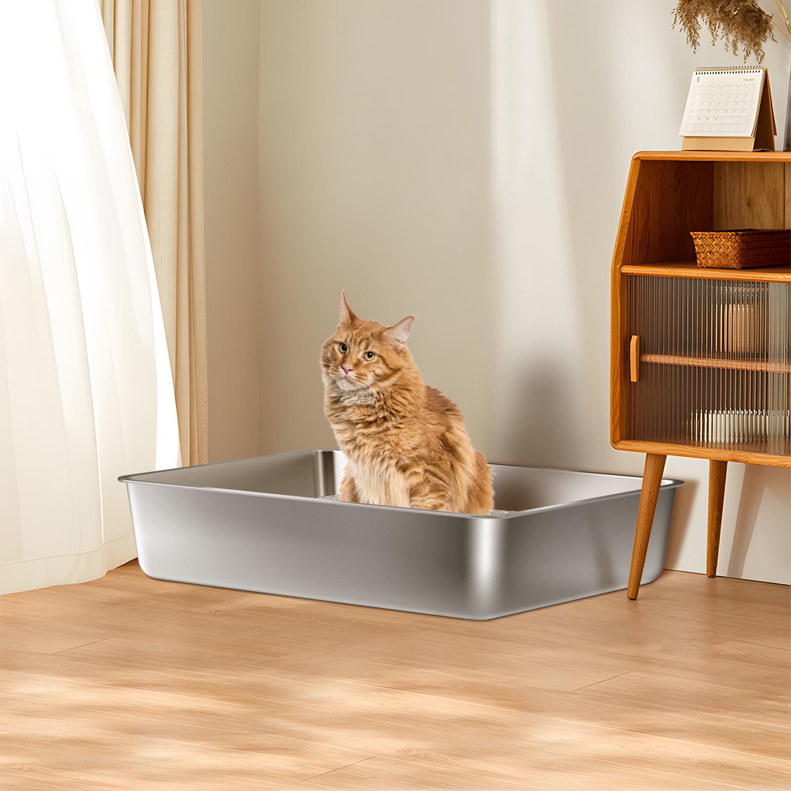 FUTAM Stainless Steel Litter Box – XXL 28x20x6 in for Big Cats & Multi-Cat Homes | Non-Stick, Easy-Clean, Rust-Resistant