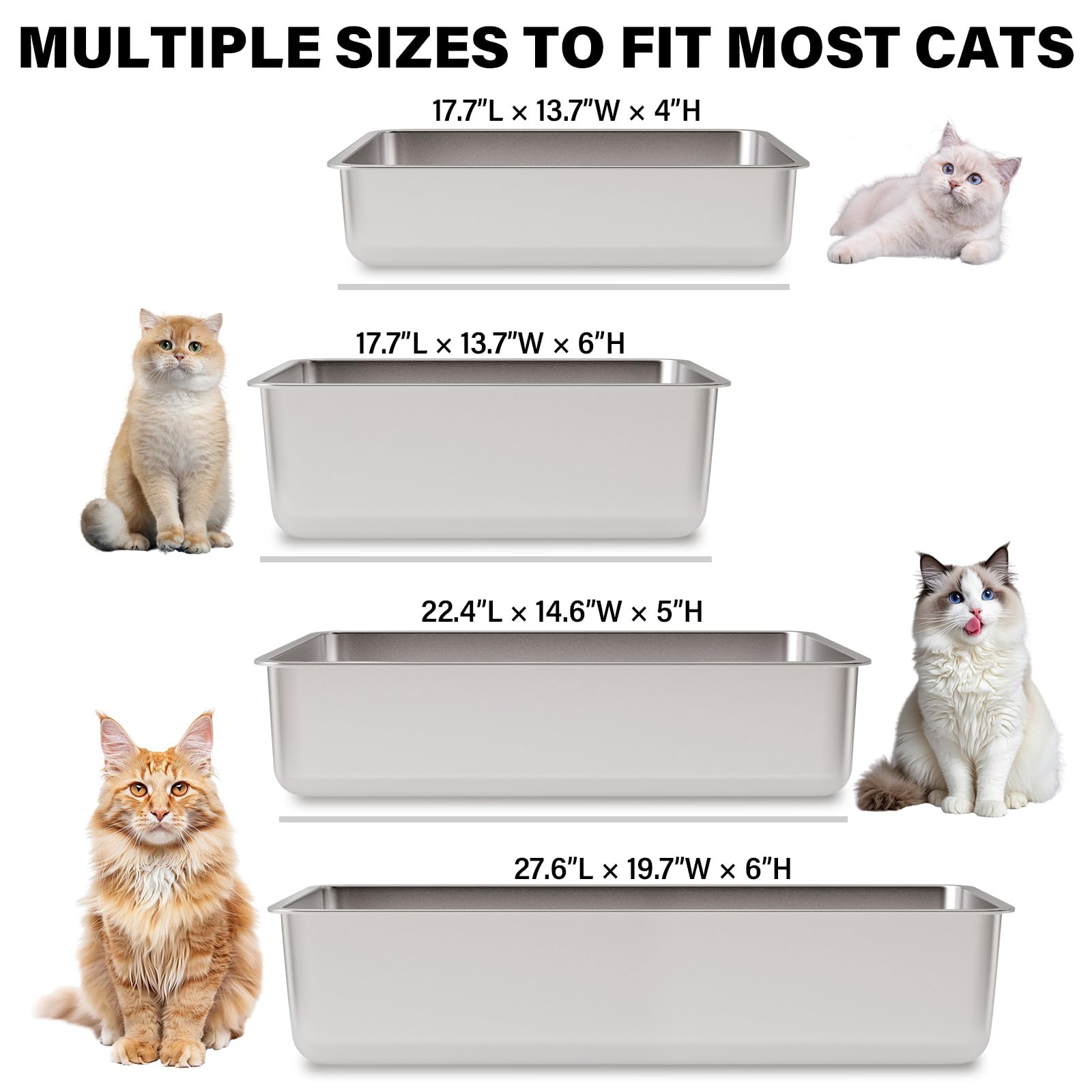FUTAM Stainless Steel Litter Box – XXL 28x20x6 in for Big Cats & Multi-Cat Homes | Non-Stick, Easy-Clean, Rust-Resistant