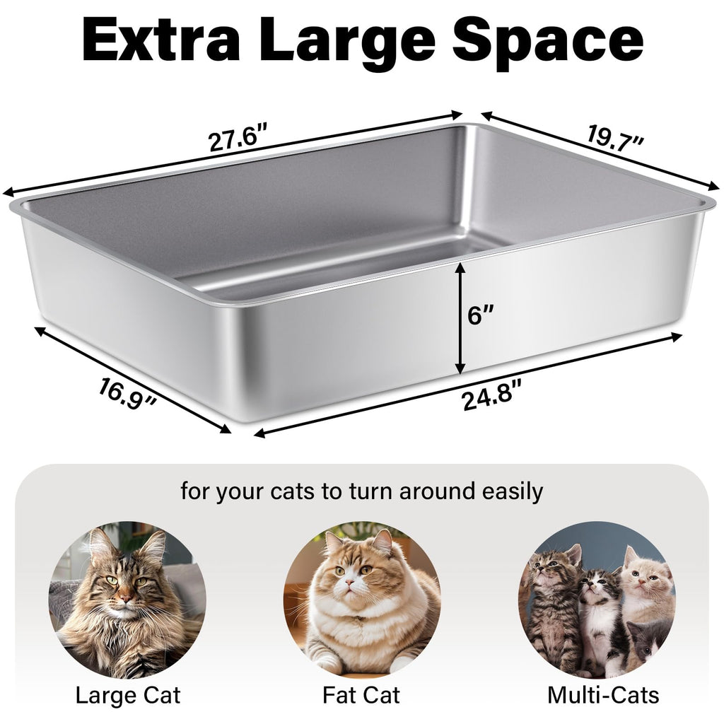 FUTAM Stainless Steel Litter Box – XXL 28x20x6 in for Big Cats & Multi-Cat Homes | Non-Stick, Easy-Clean, Rust-Resistant