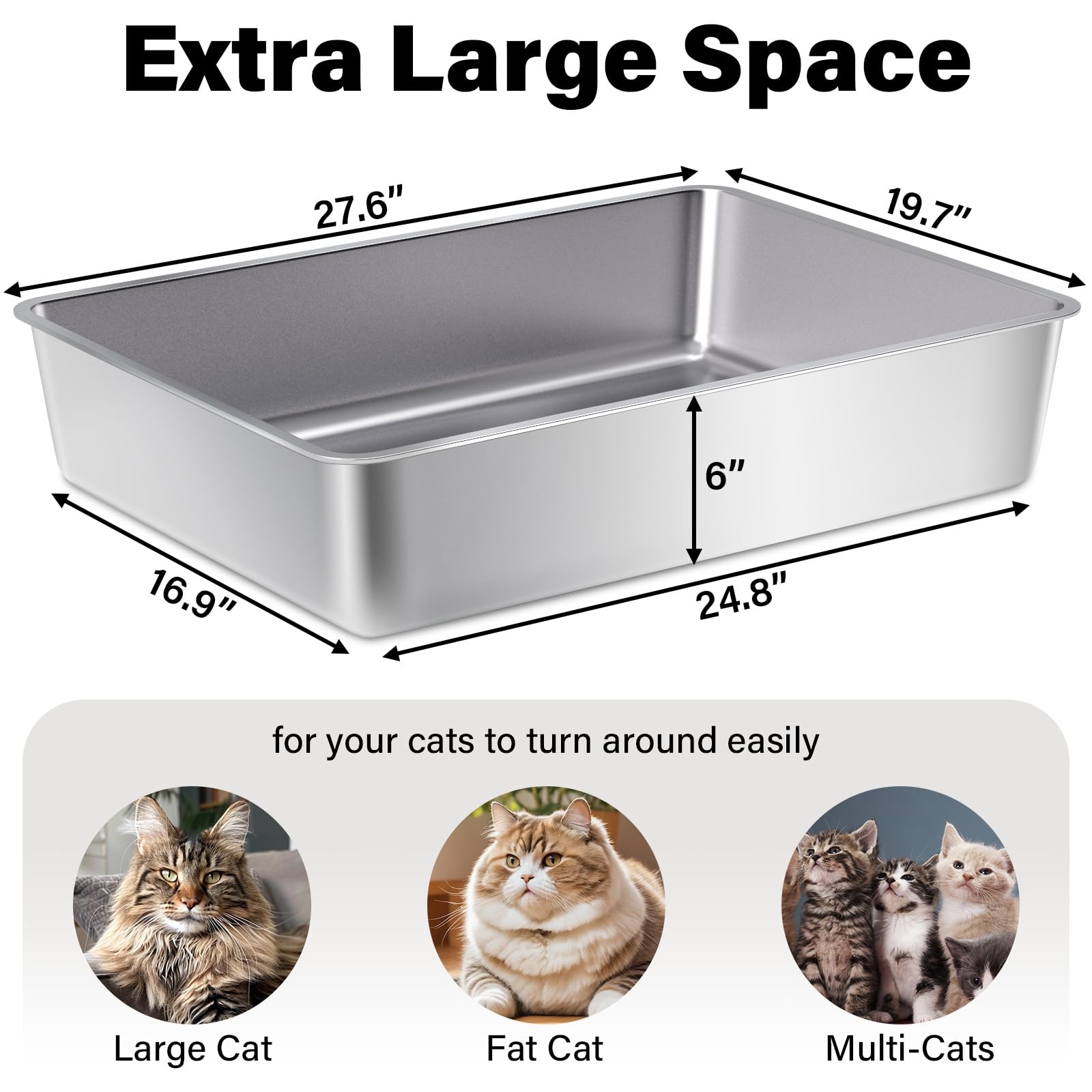 FUTAM Stainless Steel Litter Box – XXL 28x20x6 in for Big Cats & Multi-Cat Homes | Non-Stick, Easy-Clean, Rust-Resistant