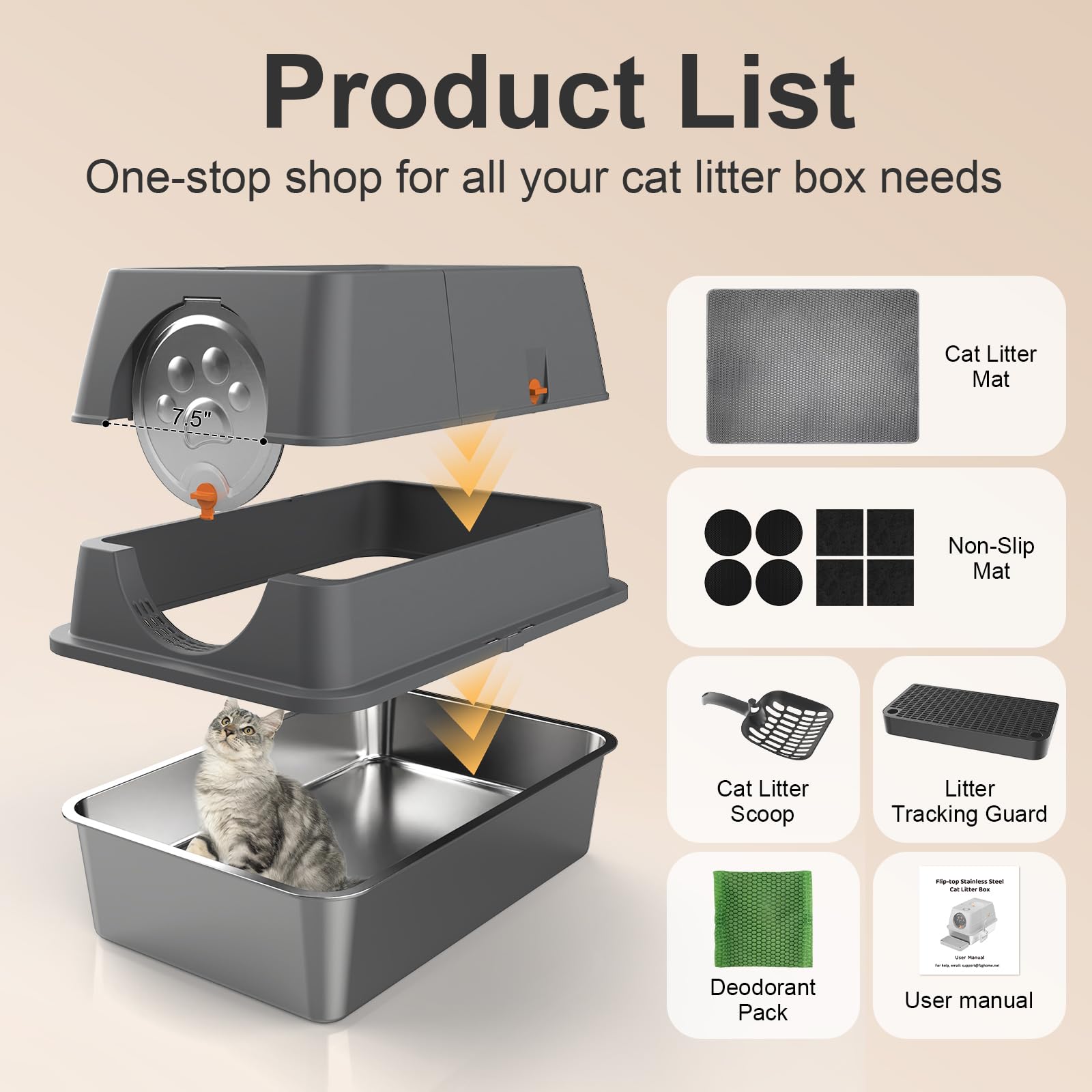 FZGhome Stainless Steel Litter Box XL – Enclosed Top Entry, Leak-Resistant, Easy Cleaning