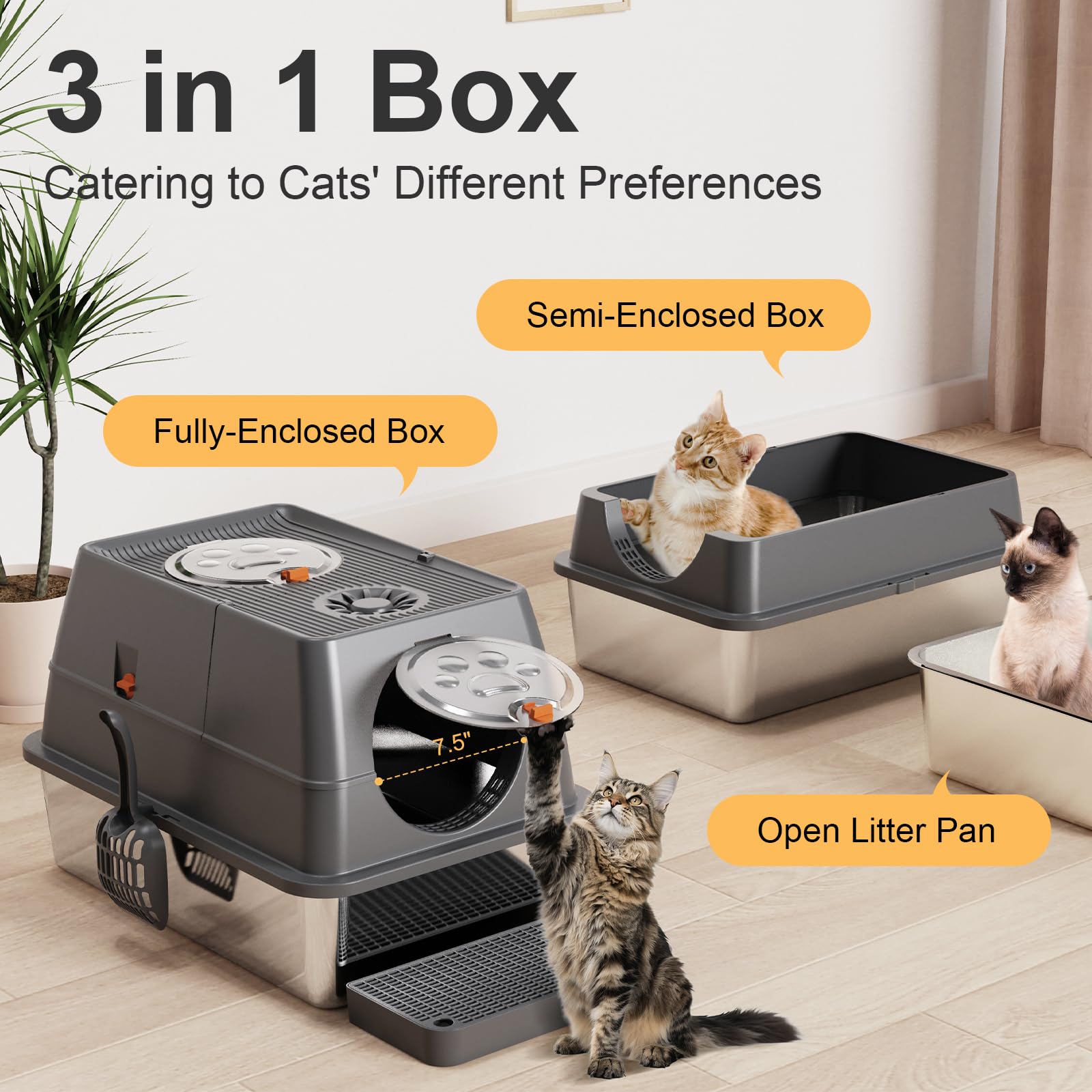 FZGhome Stainless Steel Litter Box XL – Enclosed Top Entry, Leak-Resistant, Easy Cleaning