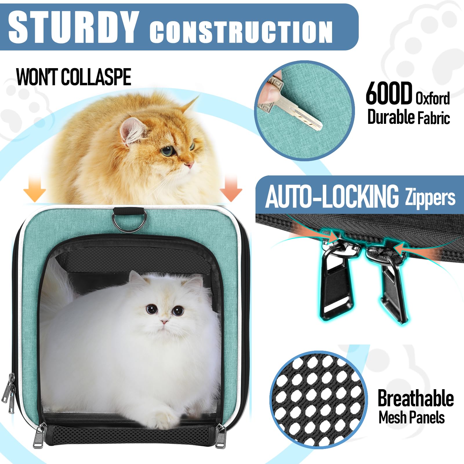 GAPZER Soft Cat Carrier Large 20 lbs — Teal Aqua Travel Crate for Cats & Small Dogs
