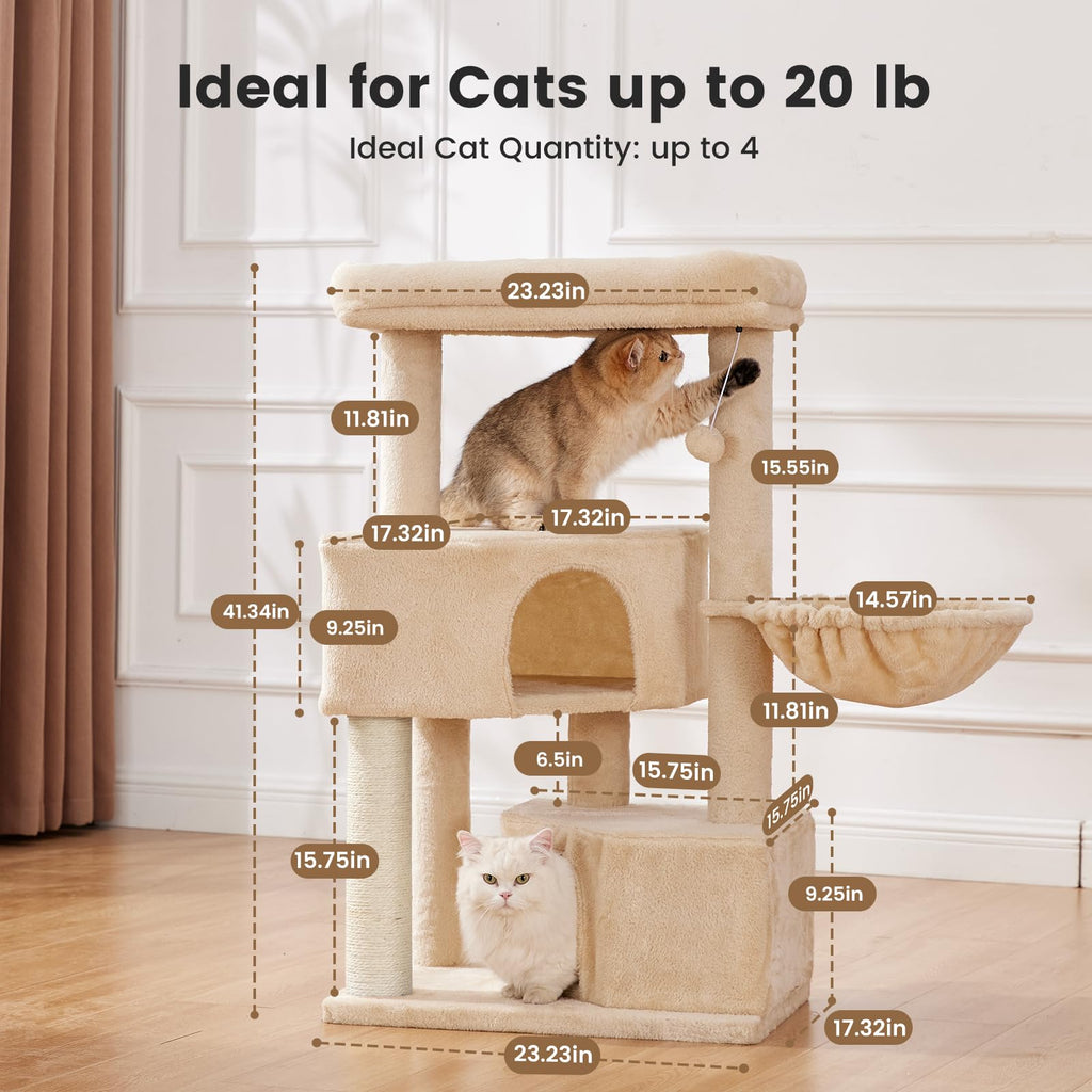Gardner Pet 41\" Tall Cat Tree for Medium-Large Cats | Heavy-Duty Cat Tower with 2.8in Posts, Washable Top Perches