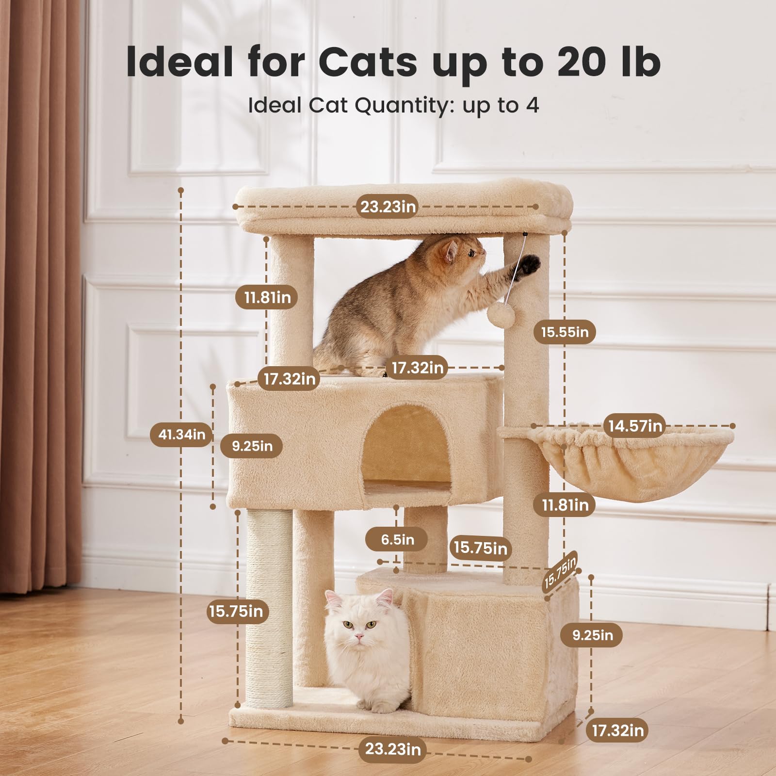 Gardner Pet 41\" Tall Cat Tree for Medium-Large Cats | Heavy-Duty Cat Tower with 2.8in Posts, Washable Top Perches