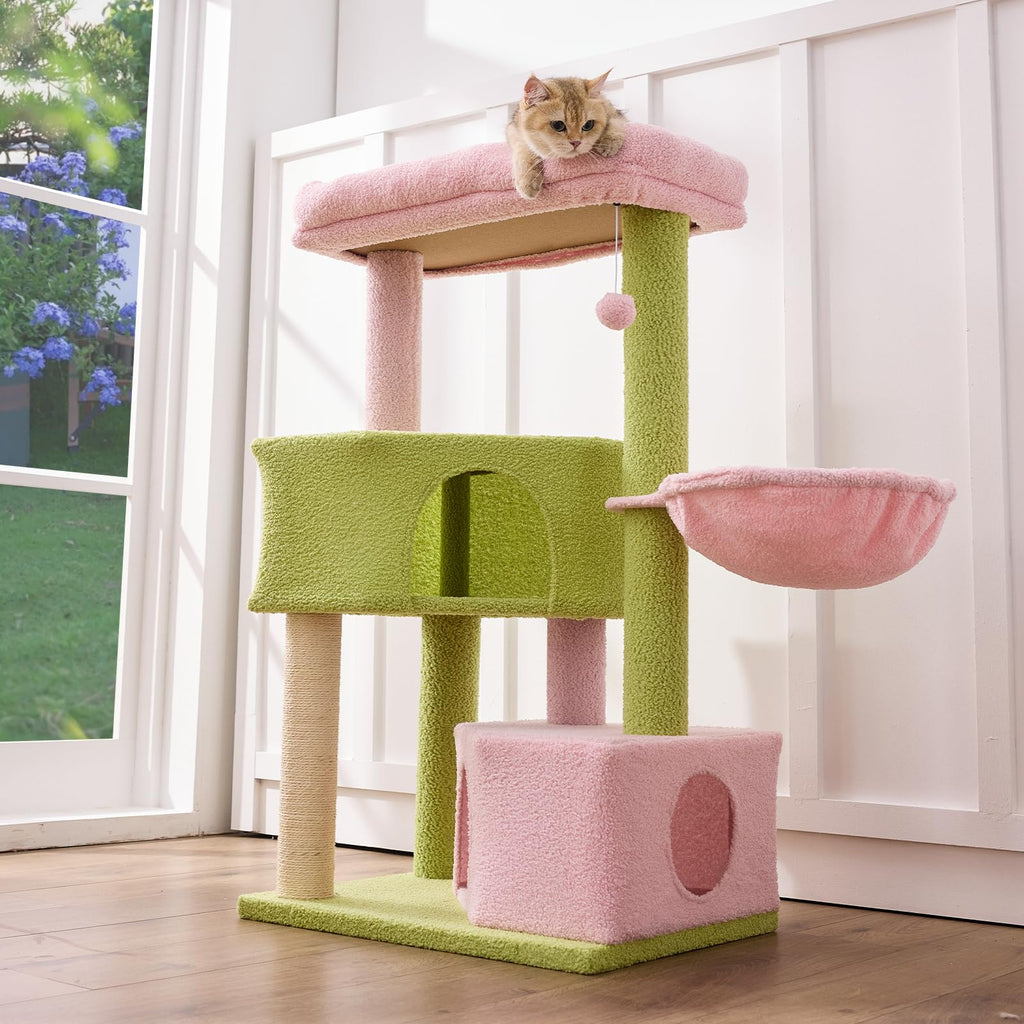 Gardner Pet 41\" Tall Pink & Green Cat Tree | Heavy-Duty 2.83\" Posts, Washable Top Perches