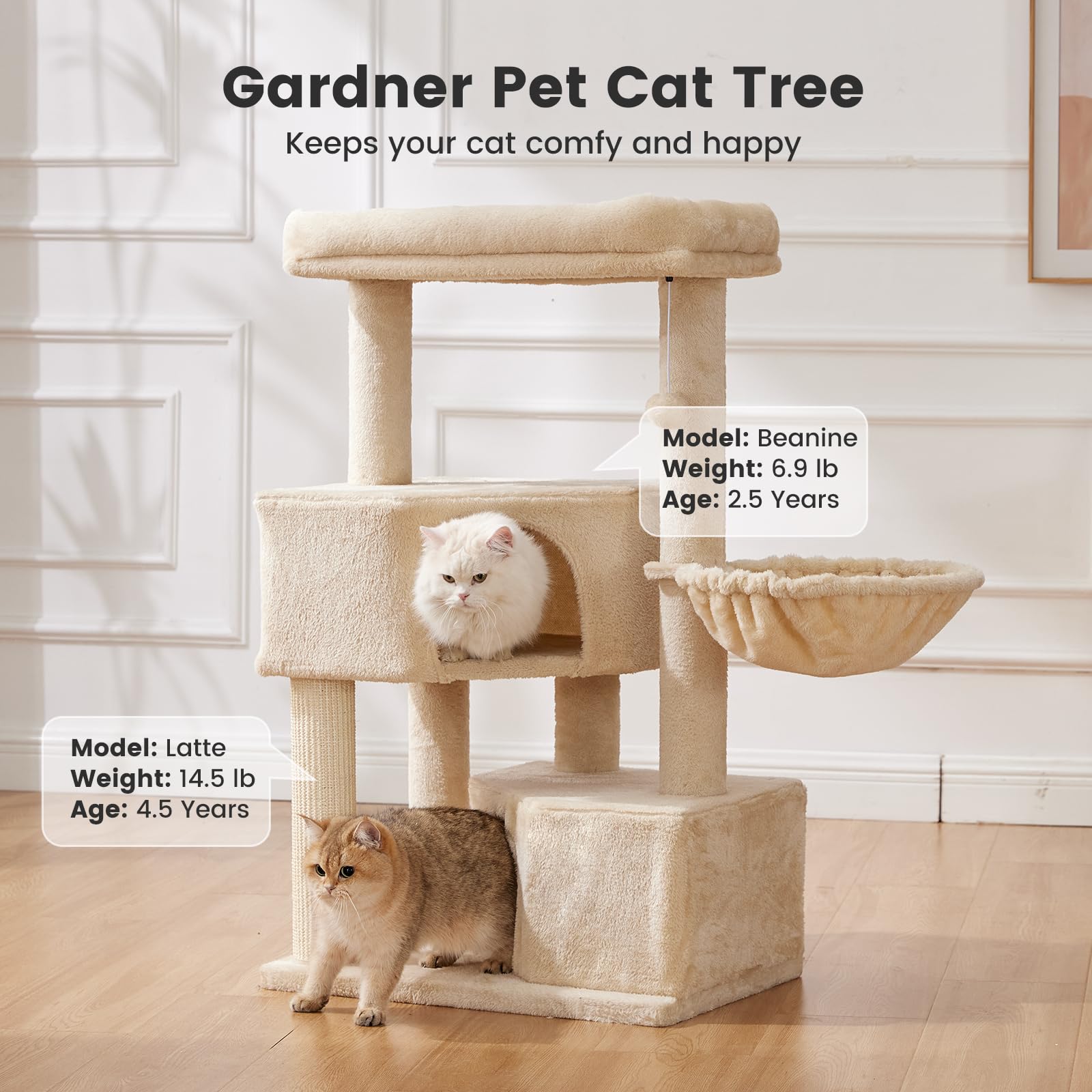 Gardner Pet 41\" Tall Cat Tree for Medium-Large Cats | Heavy-Duty Cat Tower with 2.8in Posts, Washable Top Perches