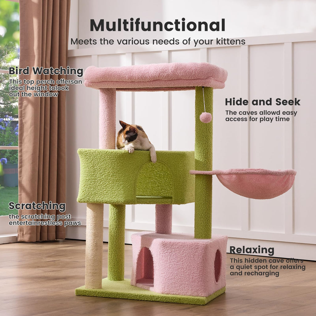 Gardner Pet 41\" Tall Pink & Green Cat Tree | Heavy-Duty 2.83\" Posts, Washable Top Perches