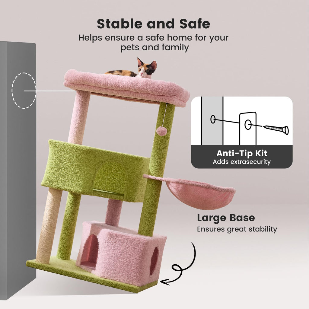 Gardner Pet 41\" Tall Pink & Green Cat Tree | Heavy-Duty 2.83\" Posts, Washable Top Perches