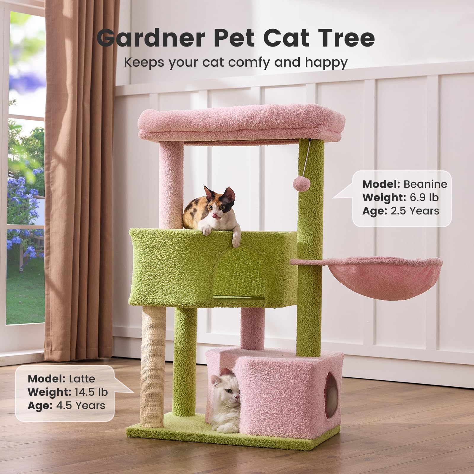 Gardner Pet 41\" Tall Pink & Green Cat Tree | Heavy-Duty 2.83\" Posts, Washable Top Perches