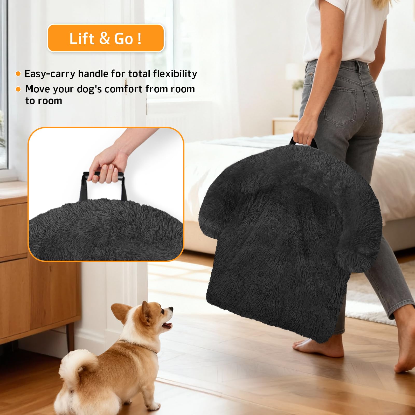 GGIB Calming Dog Bed – Fluffy Plush Mat with Removable Cover (Large 45x37x6) Dark Grey