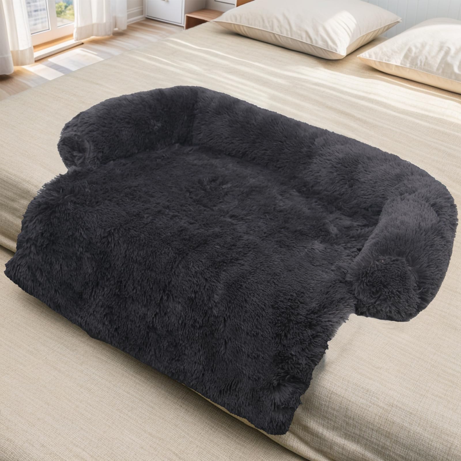 GGIB Calming Dog Bed – Fluffy Plush Mat with Removable Cover (Large 45x37x6) Dark Grey